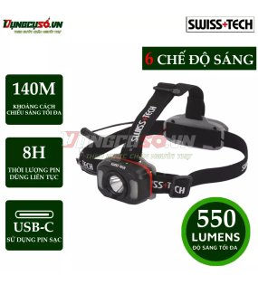 Đèn pha đội đầu, dùng pin sạc, nhiều  chế độ, hiệu SWISS+TECH ST032003