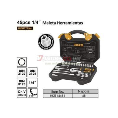 Bộ 45 đầu tuýp 1/4 in và cần 2 chiều INGCO HKTS14451