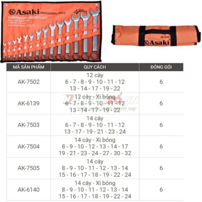 Bộ cờ lê vòng miệng 12 chi tiết xi bóng Asaki AK-6139