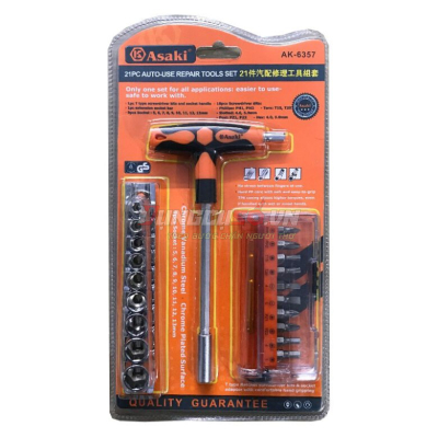 Bộ mũi vít & đầu tuýp & tay vặn chữ T 21 chi tiết Asaki AK-6357
