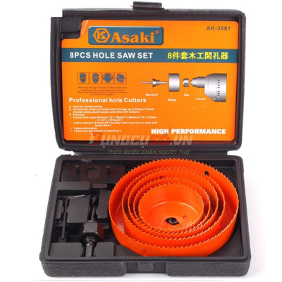 Bộ mũi khoét lỗ gỗ và thạch cao 8 chi tiết 64 – 127 mm Asaki AK-3681