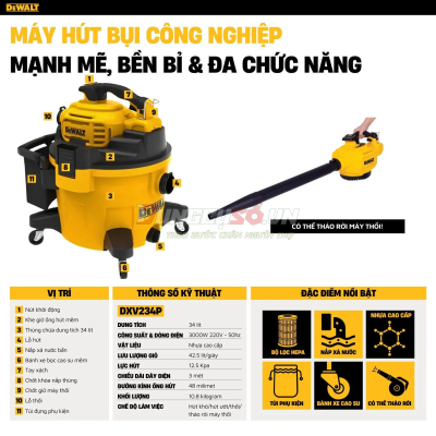 Máy hút bụi 4 chức năng khô, ướt thổi Dewalt - có thể tách rời thành máy thổi siêu mạnh DXV234P