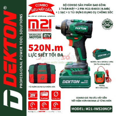 Máy siết bu lông 12.7mm pin 21V 520N.m Dekton M21-IW520NPC